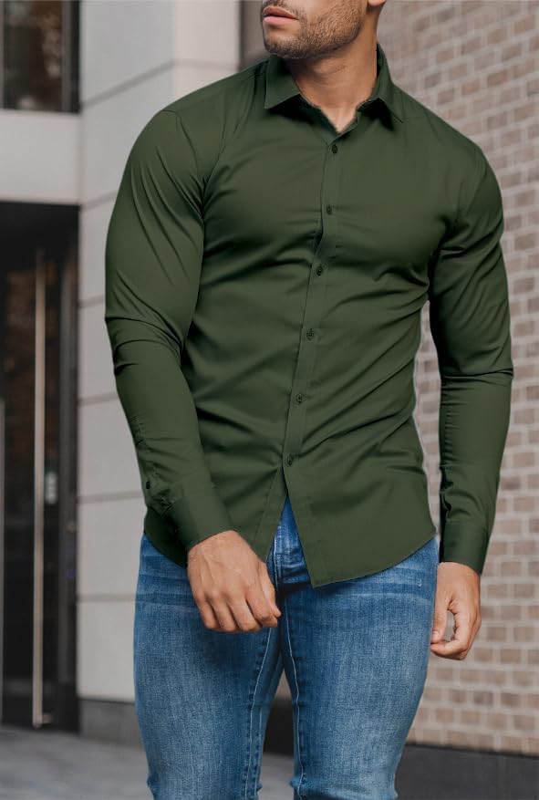 Herreskjorte med Slim Fit – Langærmet Stretchskjorte med Knaplukning