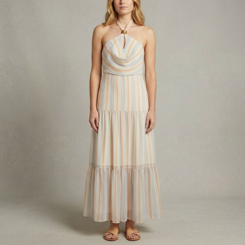 Maxikjole med halterneck og lagdelt nederdel multicolor 
