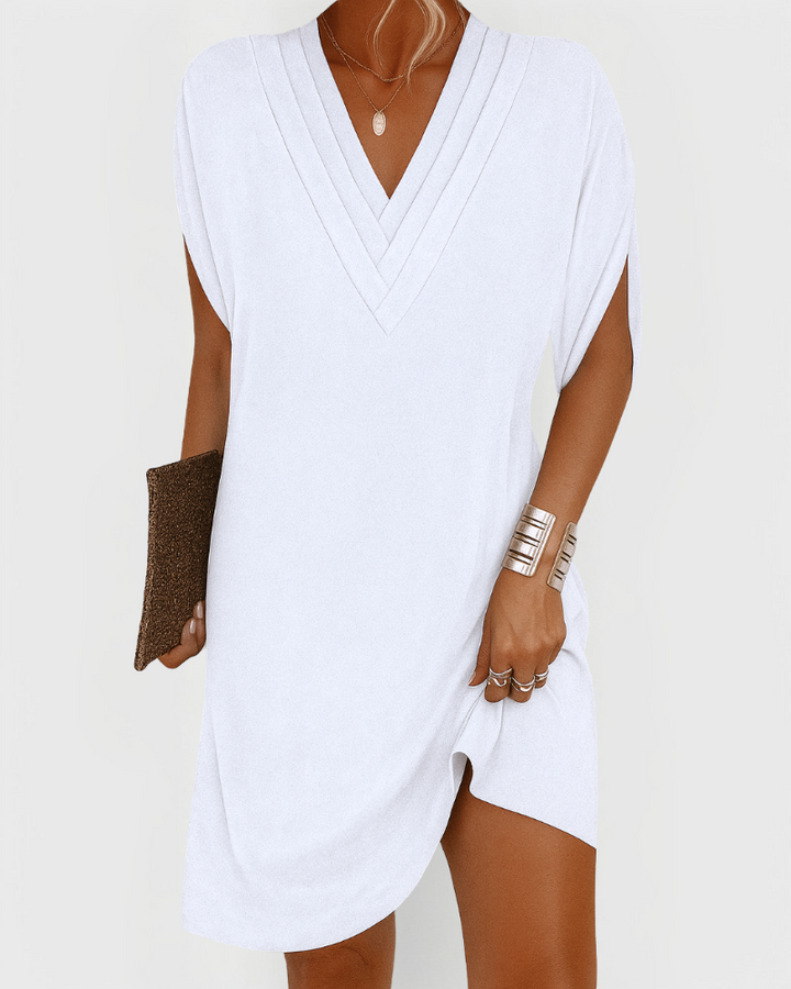 Midi-kjole til kvinder med V-udskæring og flagermusærmer – Oversized, afslappet skiftkjole6