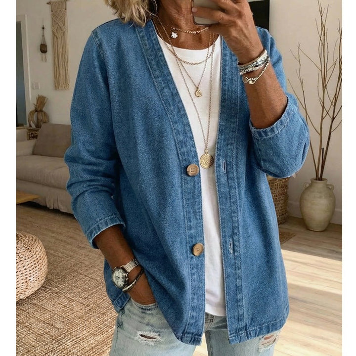 Dame Denimjakke med Knapluk - Relaxed Fit