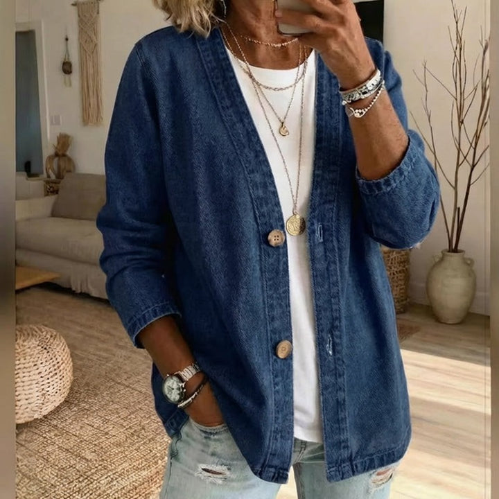 Dame Denimjakke med Knapluk - Relaxed Fit