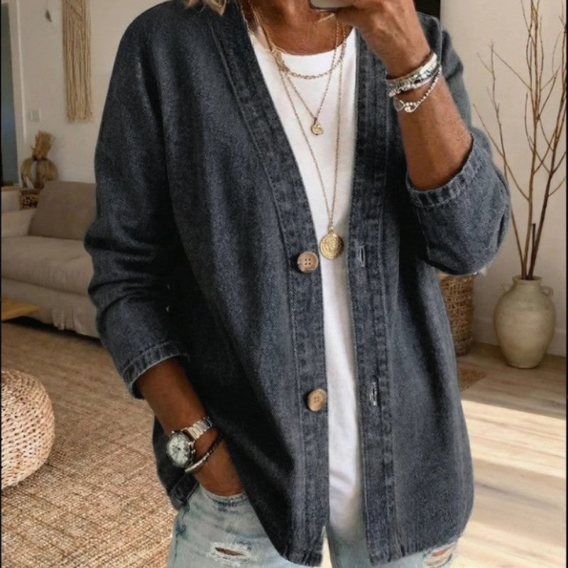 Dame Denimjakke med Knapluk - Relaxed Fit