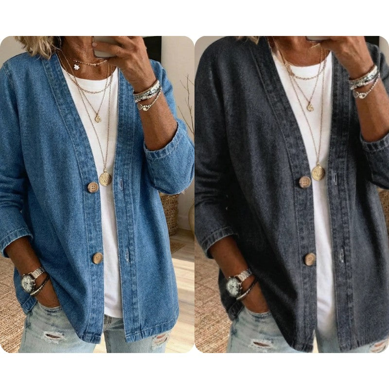 Dame Denimjakke med Knapluk - Relaxed Fit