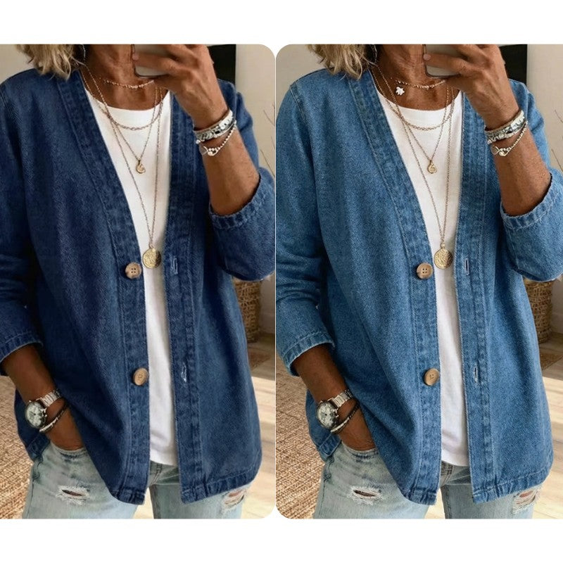 Dame Denimjakke med Knapluk - Relaxed Fit