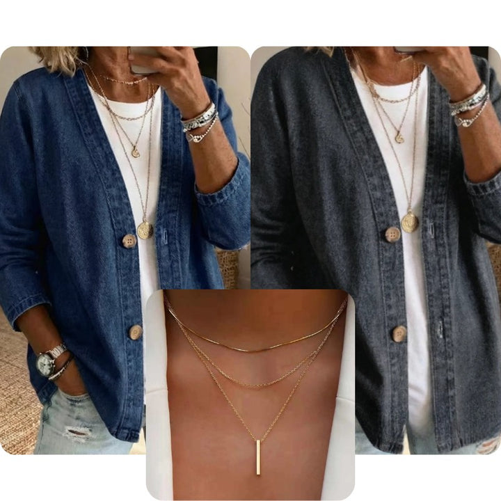 Dame Denimjakke med Knapluk - Relaxed Fit