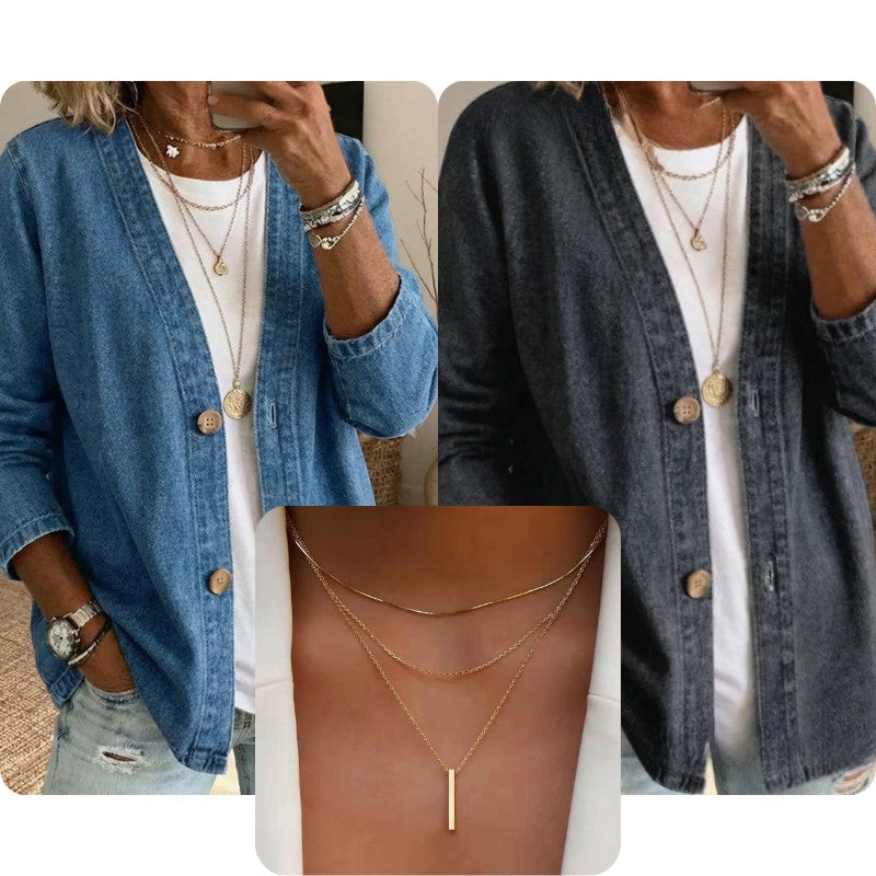 Dame Denimjakke med Knapluk - Relaxed Fit