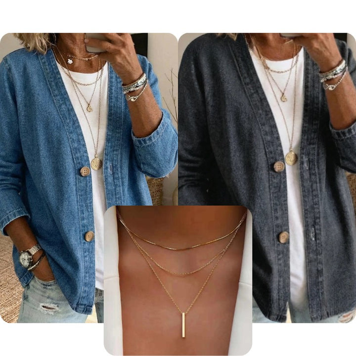 Dame Denimjakke med Knapluk - Relaxed Fit