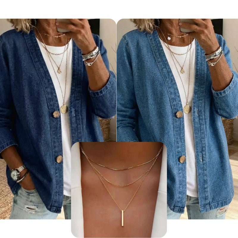 Dame Denimjakke med Knapluk - Relaxed Fit