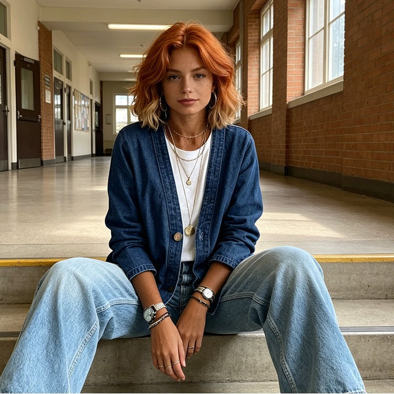 Dame Denimjakke med Knapluk - Relaxed Fit