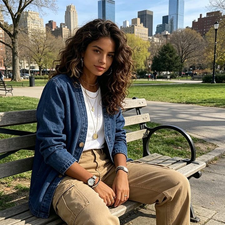 Dame Denimjakke med Knapluk - Relaxed Fit