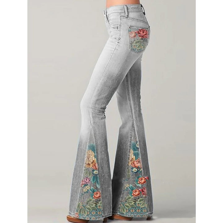 Dame flared jeans - Blomstermønster