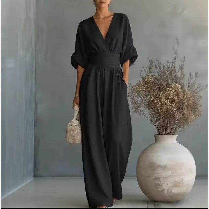 Dame jumpsuit med vid ben og V-udskæring