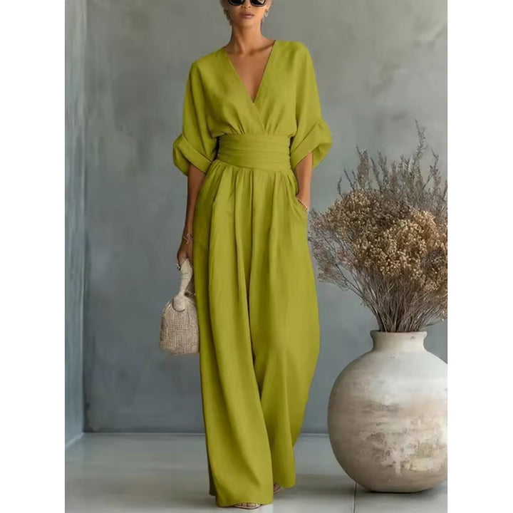 Dame jumpsuit med vid ben og V-udskæring