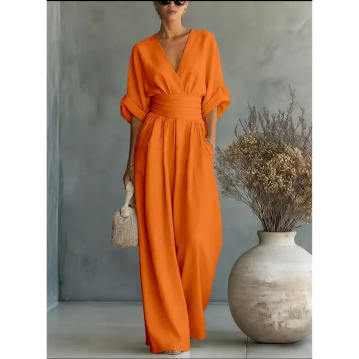 Dame jumpsuit med vid ben og V-udskæring