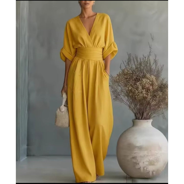 Dame jumpsuit med vid ben og V-udskæring