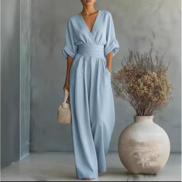 Dame jumpsuit med vid ben og V-udskæring