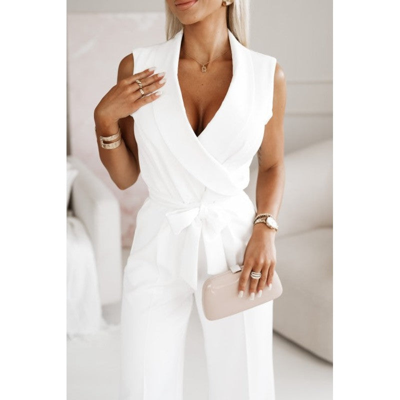 Dame Jumpsuit Wide-Leg med Wrap-Overdel og Bindebælte