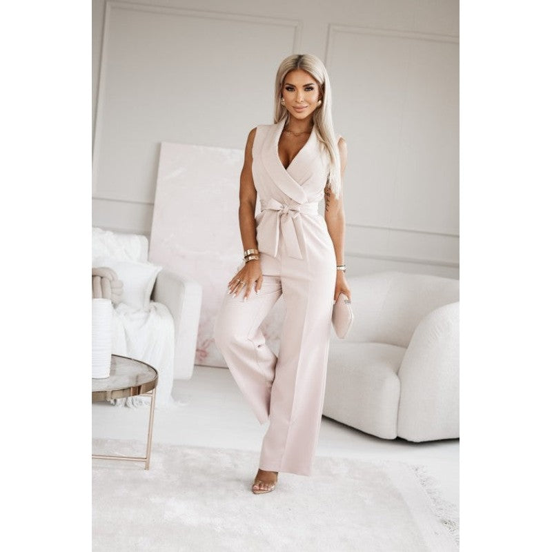 Dame Jumpsuit Wide-Leg med Wrap-Overdel og Bindebælte
