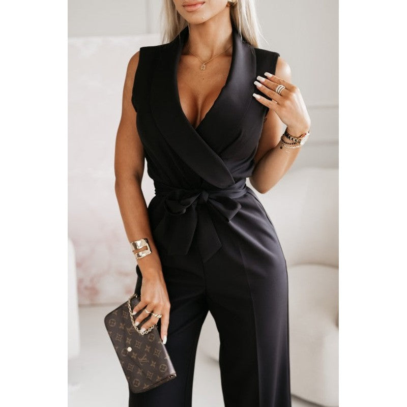 Dame Jumpsuit Wide-Leg med Wrap-Overdel og Bindebælte