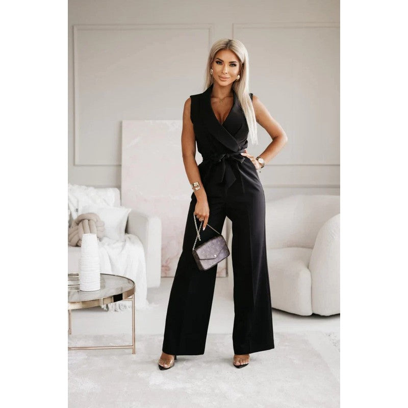 Dame Jumpsuit Wide-Leg med Wrap-Overdel og Bindebælte