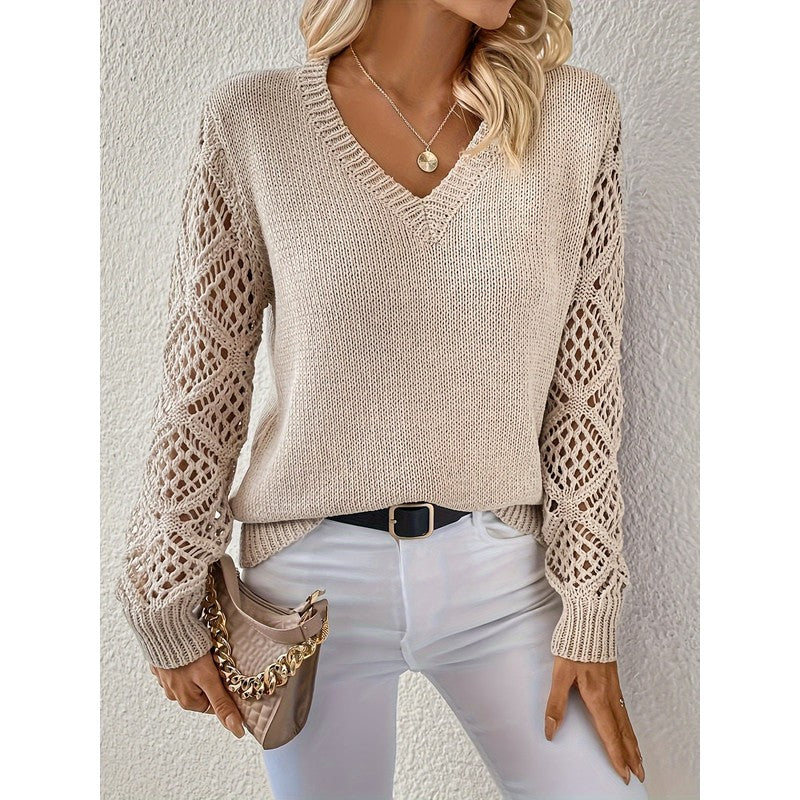 Dame strikket trøje med V-hals og åbne ærmer