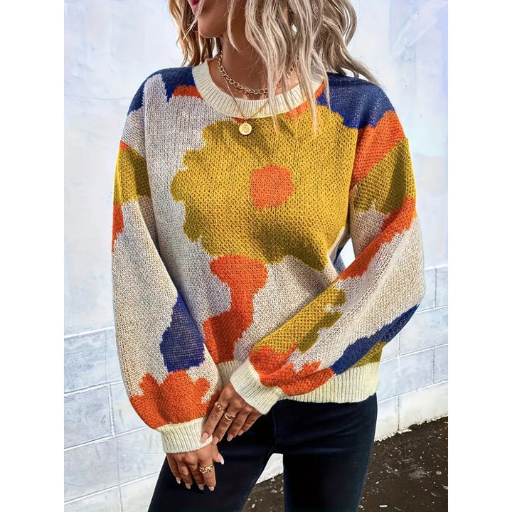 Dame Strikpullover med Blomstermønster - Rund Hals