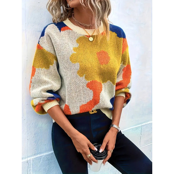 Dame Strikpullover med Blomstermønster - Rund Hals