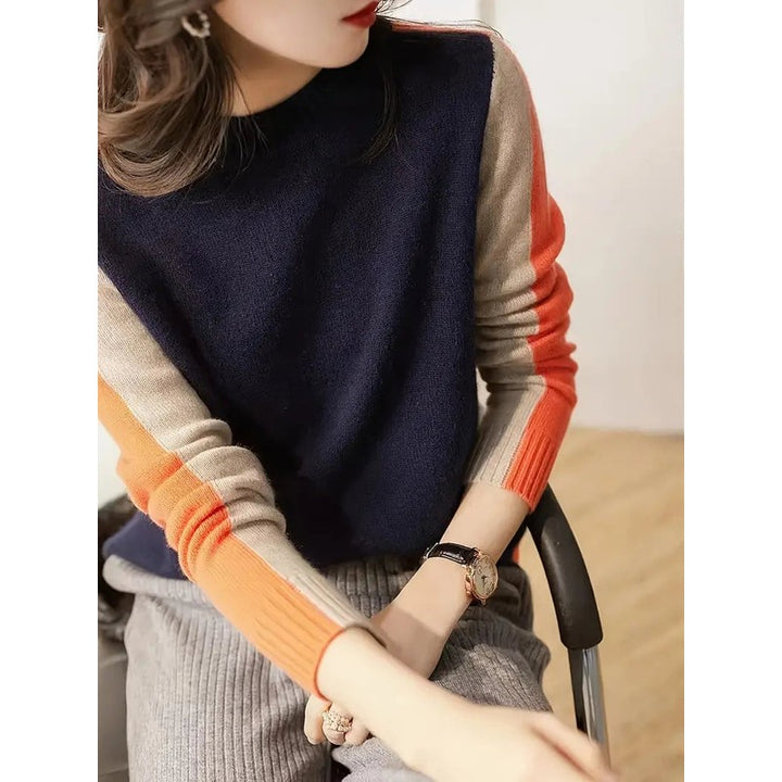 Dame Strikpullover med Colorblock