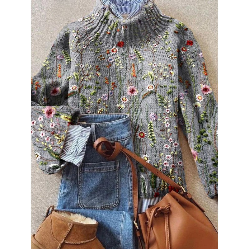 Dame Sweater - Langærmede med blomsterbroderi