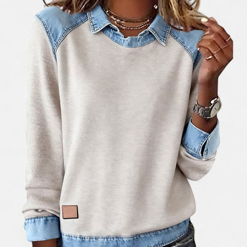 Dame Sweater - To-tone med jeanspaneler