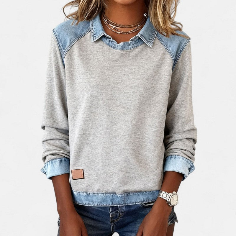 Dame Sweater - To-tone med jeanspaneler