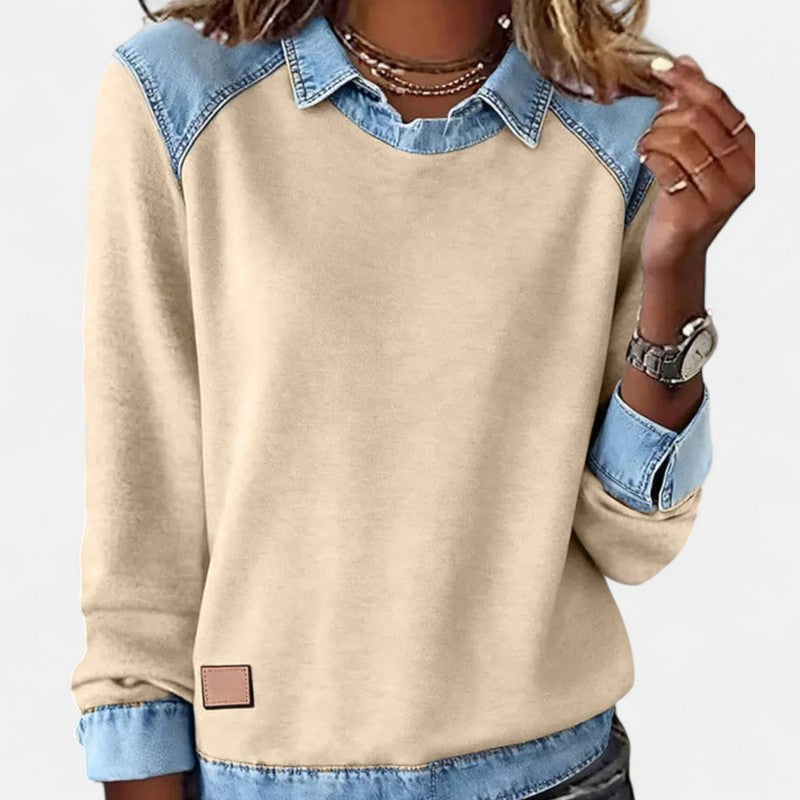 Dame Sweater - To-tone med jeanspaneler
