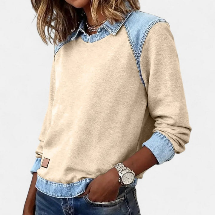 Dame Sweater - To-tone med jeanspaneler