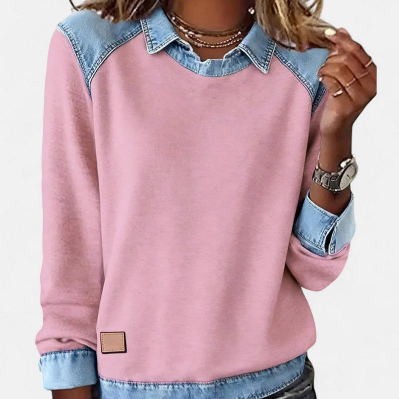 Dame Sweater - To-tone med jeanspaneler