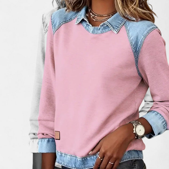 Dame Sweater - To-tone med jeanspaneler