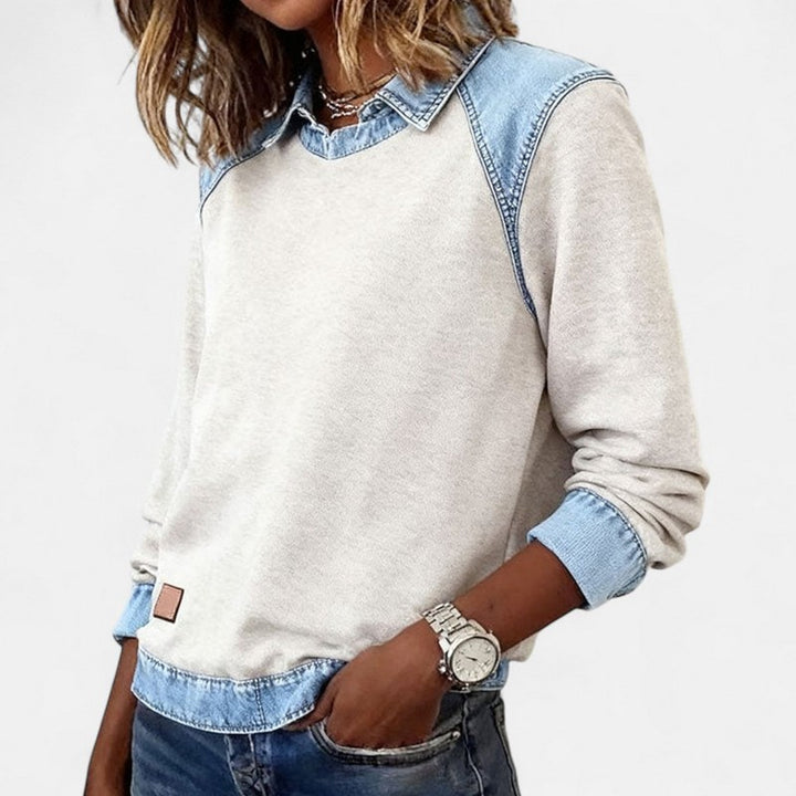 Dame Sweater - To-tone med jeanspaneler