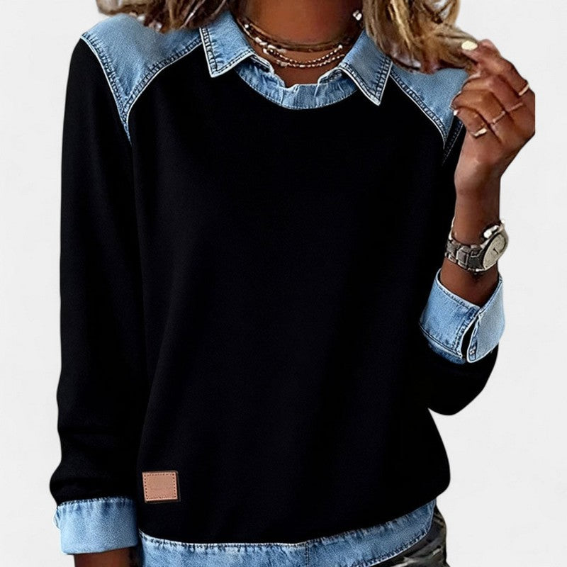 Dame Sweater - To-tone med jeanspaneler