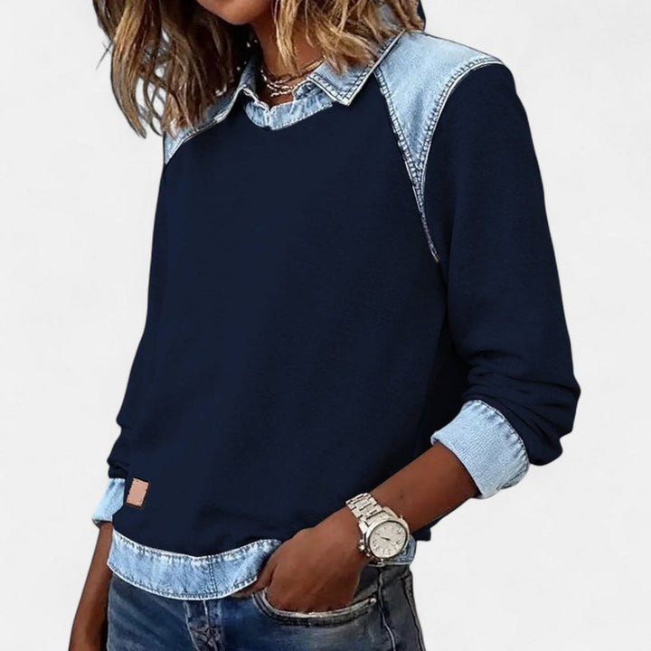 Dame Sweater - To-tone med jeanspaneler
