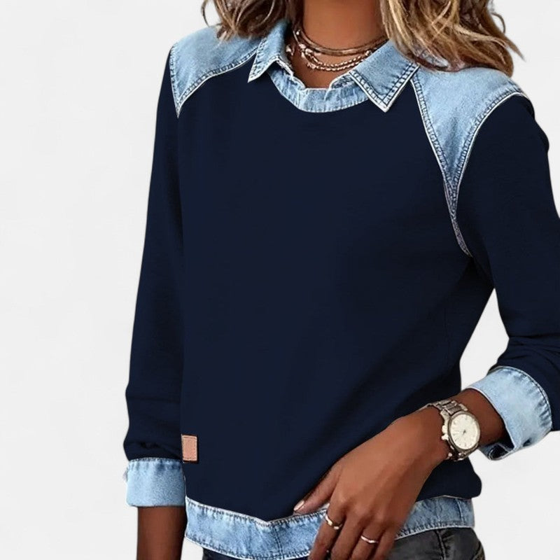 Dame Sweater - To-tone med jeanspaneler