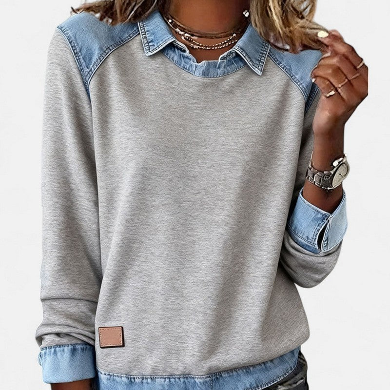 Dame Sweater - To-tone med jeanspaneler