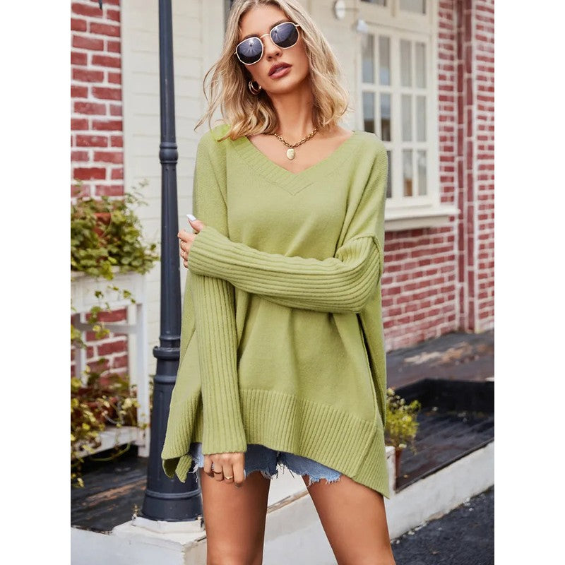 Dame V-hals strikket sweater - Oversize