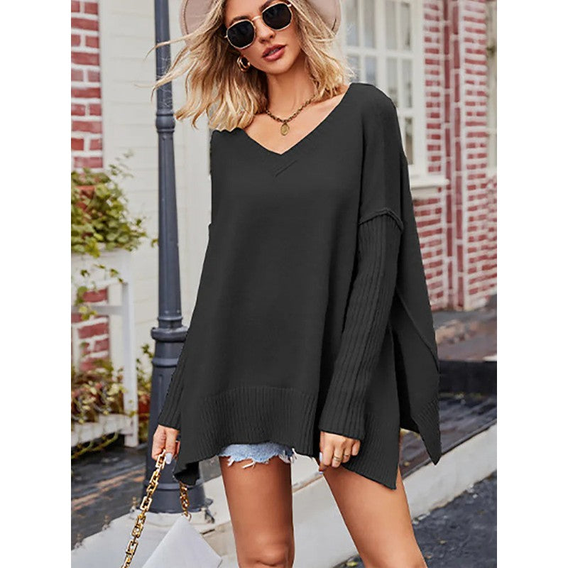 Dame V-hals strikket sweater - Oversize