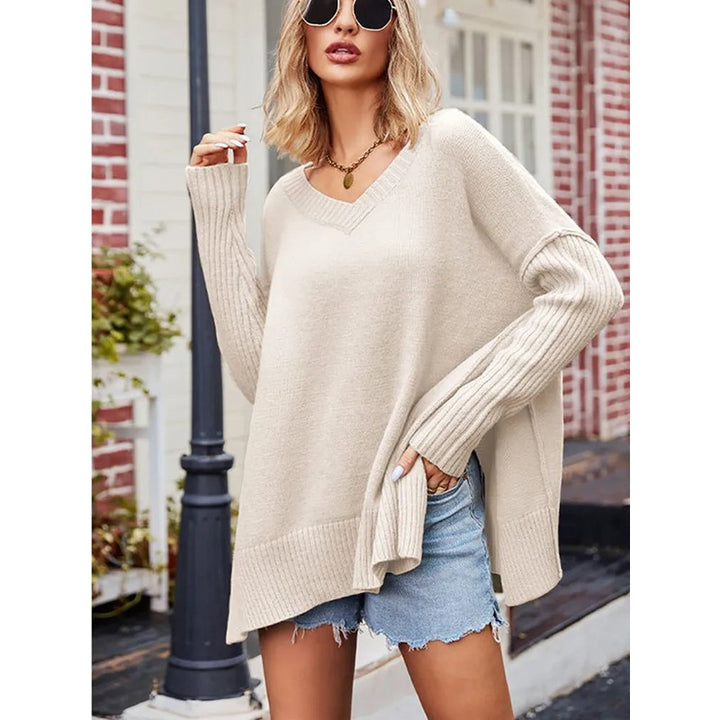 Dame V-hals strikket sweater - Oversize