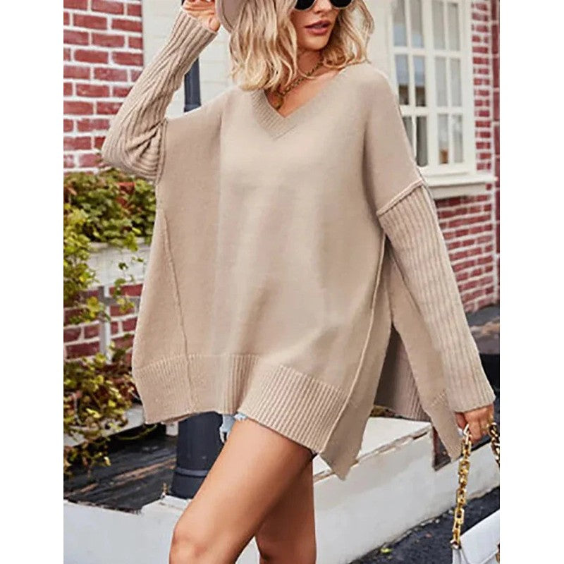 Dame V-hals strikket sweater - Oversize
