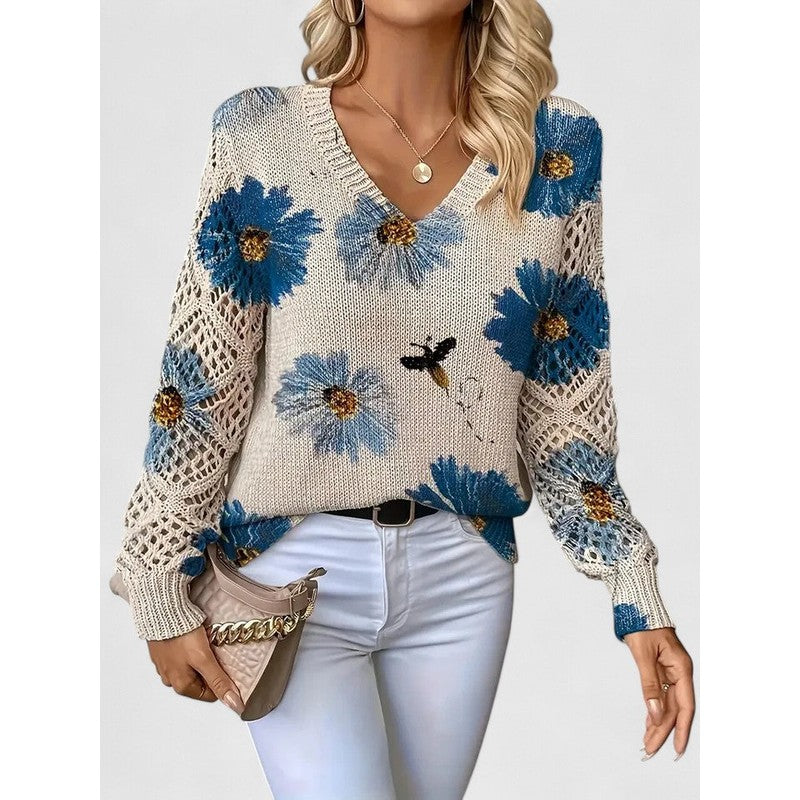 Damebluse med V-hals og blomstermønster