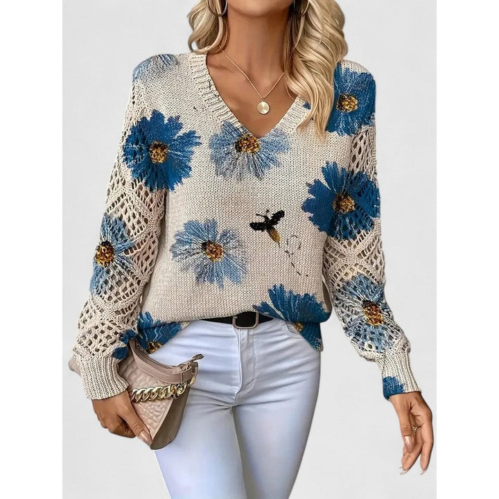 Damebluse med V-hals og blomstermønster