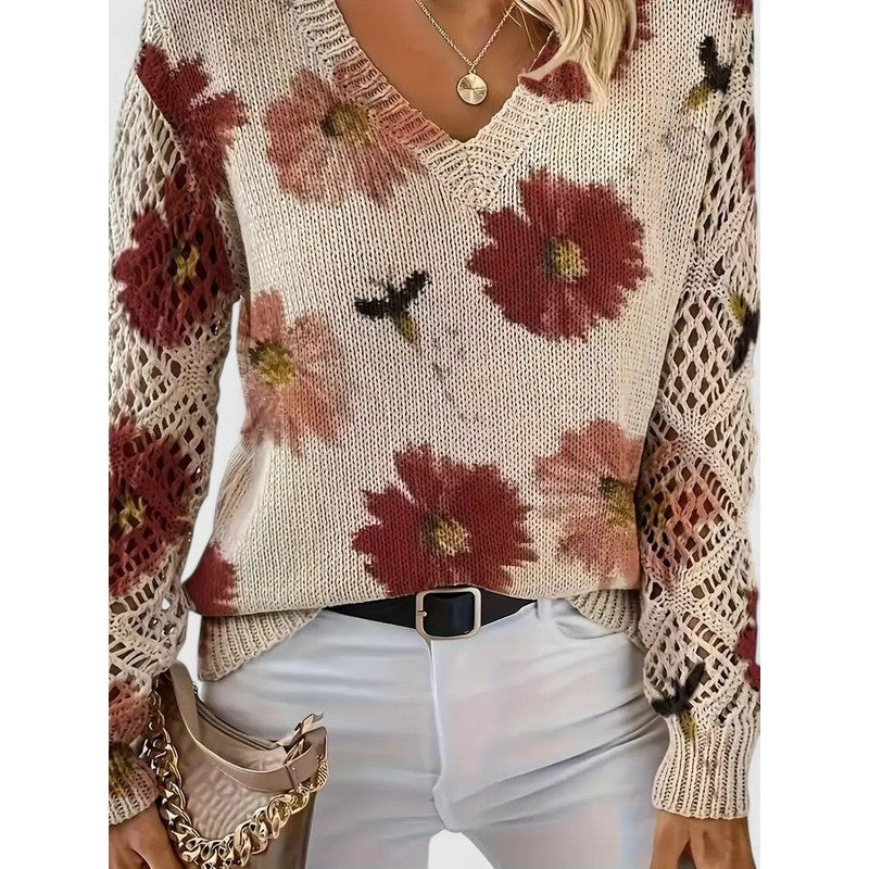 Damebluse med V-hals og blomstermønster