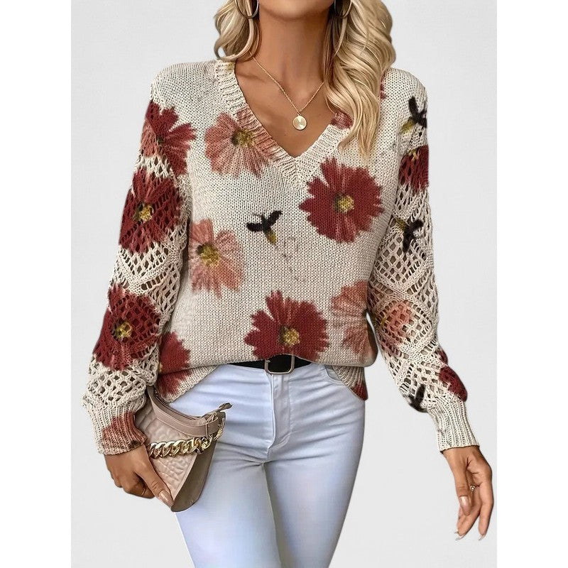 Damebluse med V-hals og blomstermønster