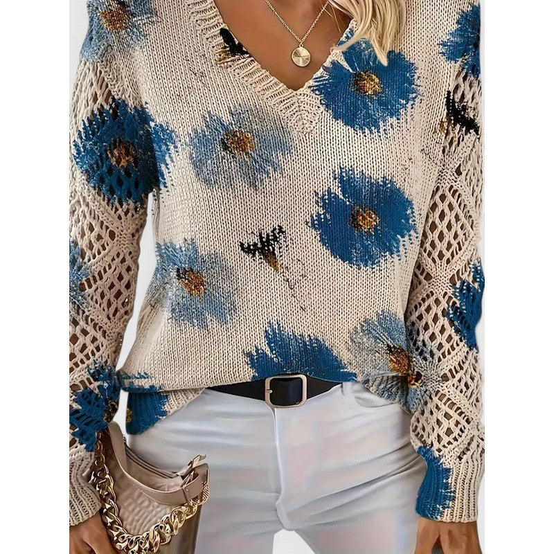 Damebluse med V-hals og blomstermønster