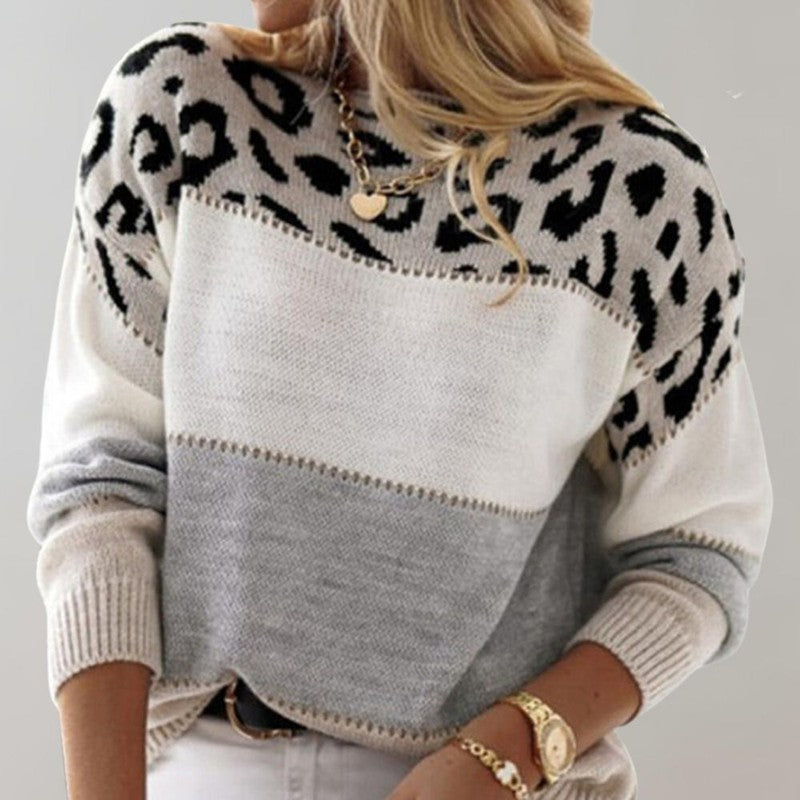 Damehæklet sweater - Leopardprint og farveblok